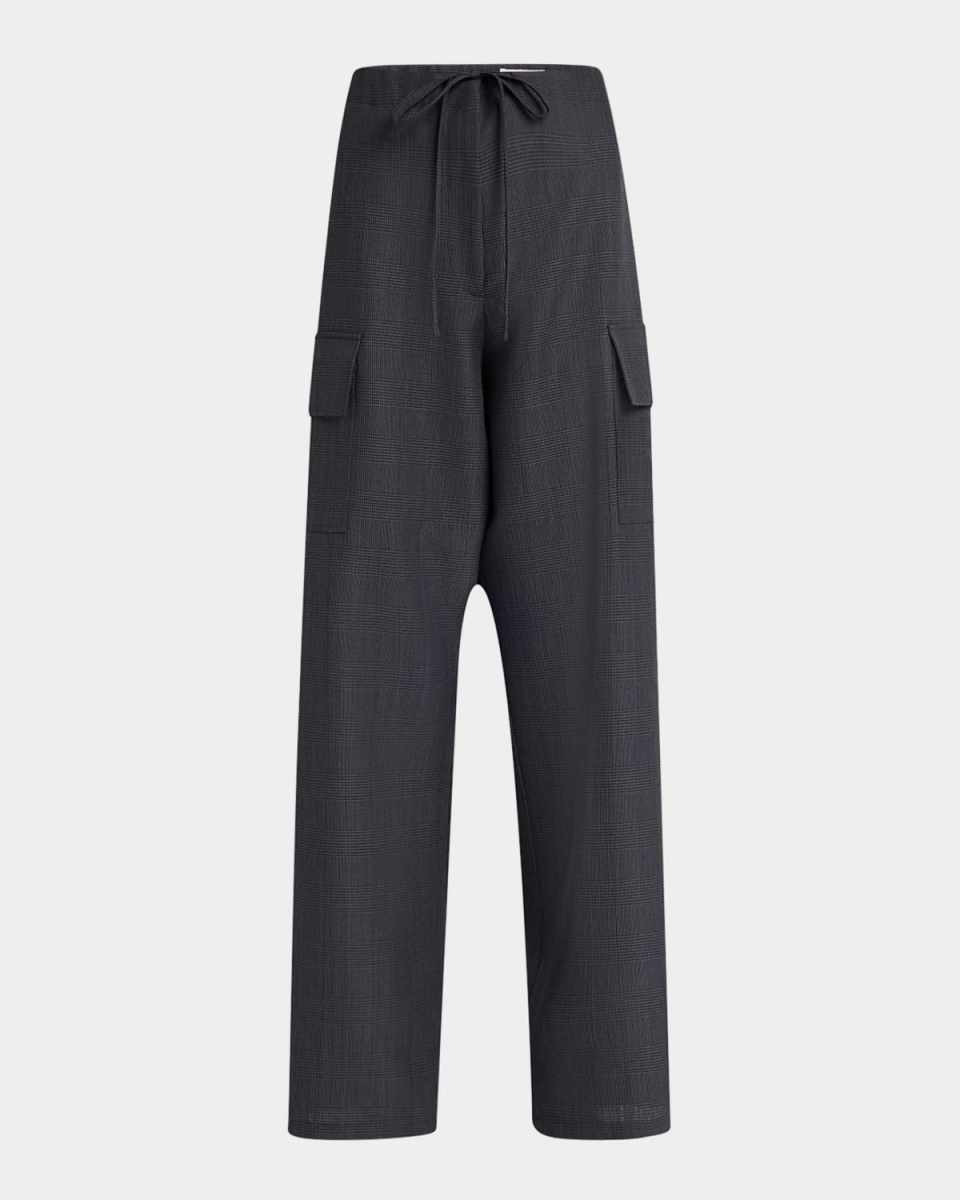 Check Drawstring Wide-Leg Cargo Trousers